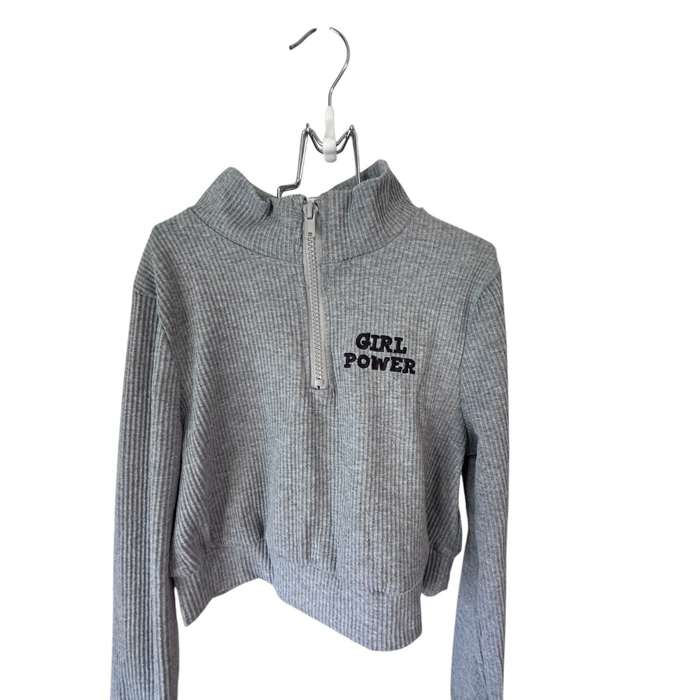 Girl Power Ribbed Pullover Top Half Zip Mock Neck Sweatshirt